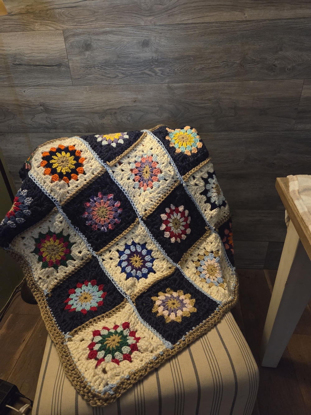 Handmade Crochet Granny Square Throw - Navy, Cream & Multicolor - Picture 3 of 5